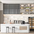Modern Bar Counter With Stools Tile Backsplash Storage Shelves And Coffee Machine 3d model