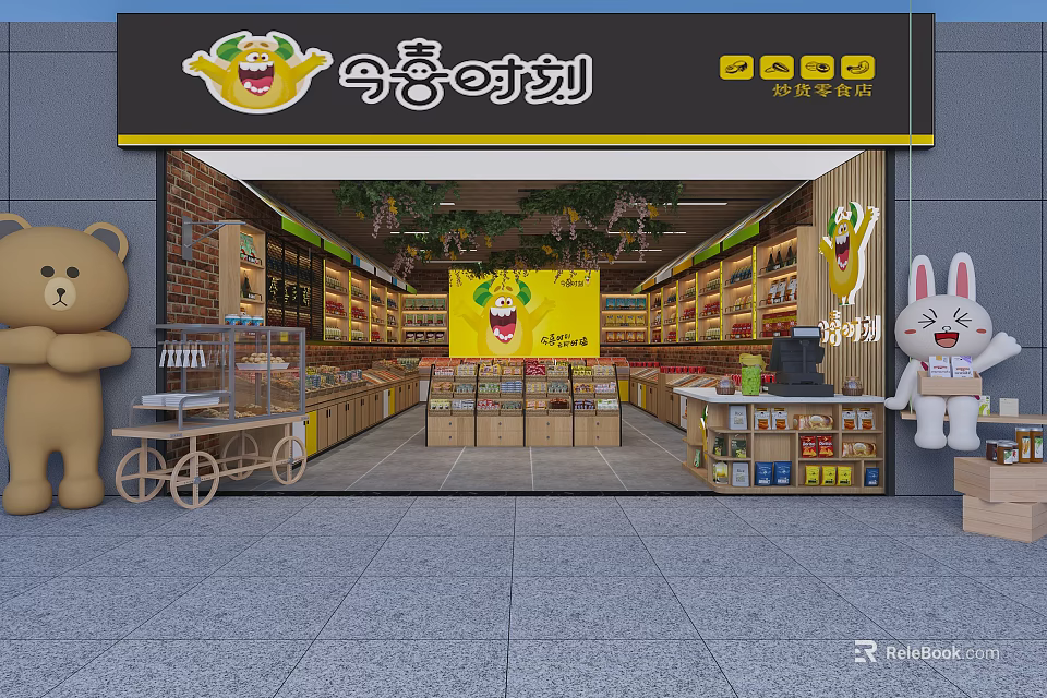 Cartoon Bear Rabbit Dolls Cart Snack Shop With Snack Shelves And Storefront 3d model 