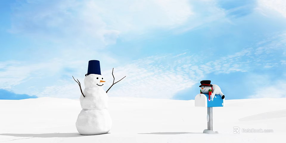 Snowman With Blue Hat And Mailbox Featuring Small Snowman Against Blue Sky White Snow 3d model 