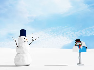 Snowman With Blue Hat And Mailbox Featuring Small Snowman Against Blue Sky White Snow 3d model