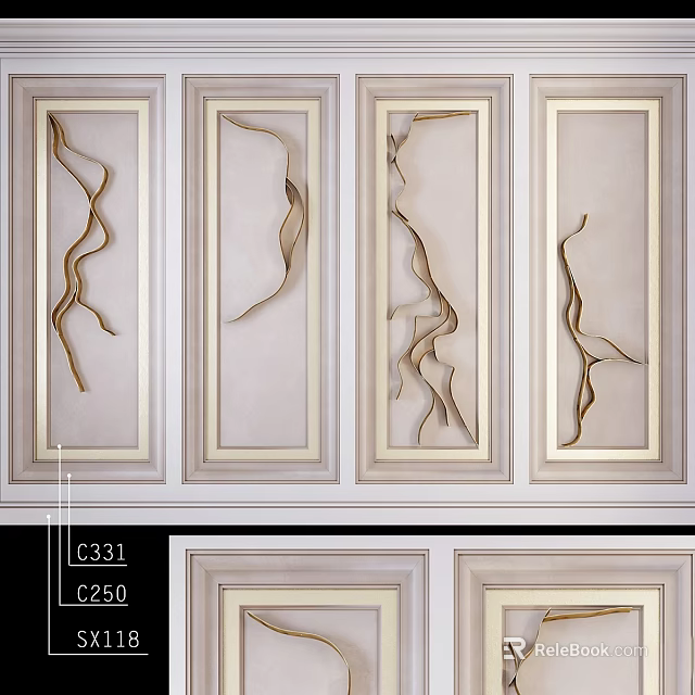 Elegant Modern Wall Decor With Framed Panels And Curved Golden Lines 3d model 