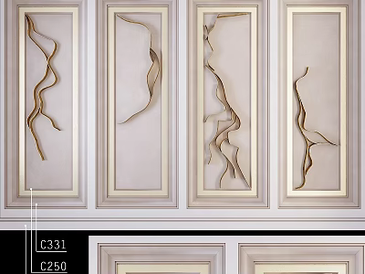 Elegant Modern Wall Decor With Framed Panels And Curved Golden Lines 3d model