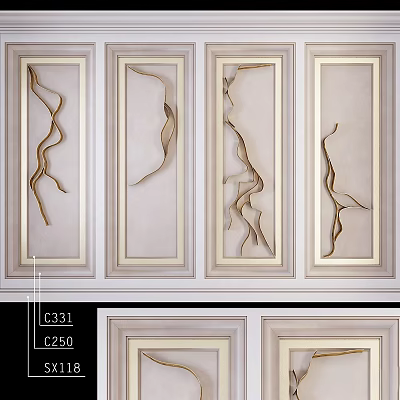 Elegant Modern Wall Decor With Framed Panels And Curved Golden Lines 3d model