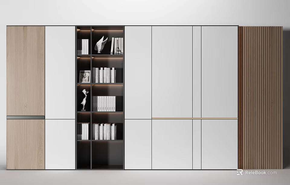 Modern Minimalist Bookcase Design With White And Wooden Panels Open Shelves And Books 3d model 