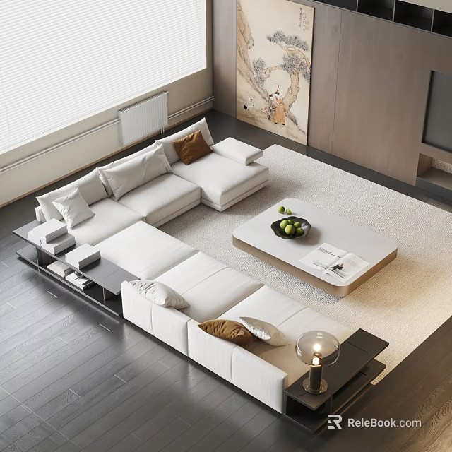 Modern White L Sofa And Wooden Coffee Table Set With Fruits Magazines On Area Rug 3d model 