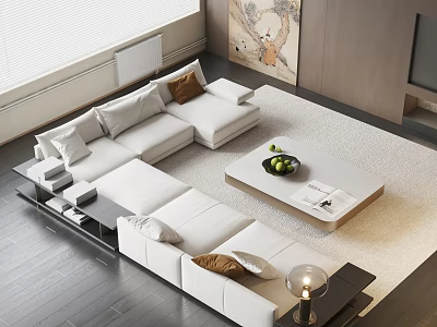 Modern White L Sofa And Wooden Coffee Table Set With Fruits Magazines On Area Rug 3d model