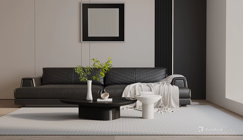 Modern Living Room With Black Leather Three-Seater Sofa Green Plant Coffee Table And Throw Blanket 3d model 