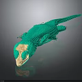 Green Lizard with Light Colored Head and Green Scales on Dark Reflective Surface
