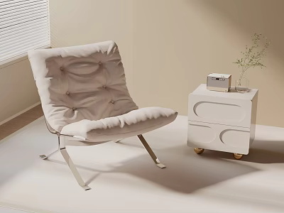 Modern Accent Chair with White Side Table Small Plant Radio in Beige Room with Blinds 3d model