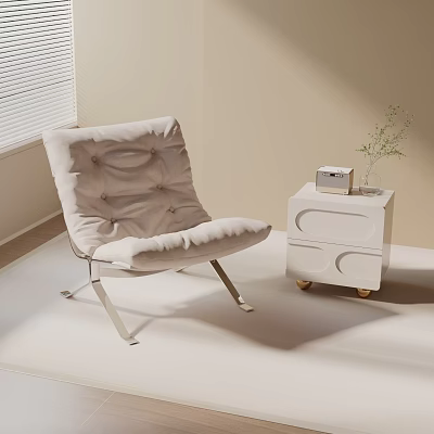 Modern Accent Chair with White Side Table Small Plant Radio in Beige Room with Blinds 3d model