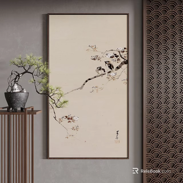 Chinese Traditional Decorative Interior With Wall Artwork Birds Branches Pine Bonsai And Patterned Screen 3d model 