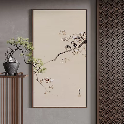 Chinese Traditional Decorative Interior With Wall Artwork Birds Branches Pine Bonsai And Patterned Screen 3d model