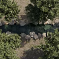 Lush Waterfront Landscape With Flowing Stream Arranged Stones And Shady Trees