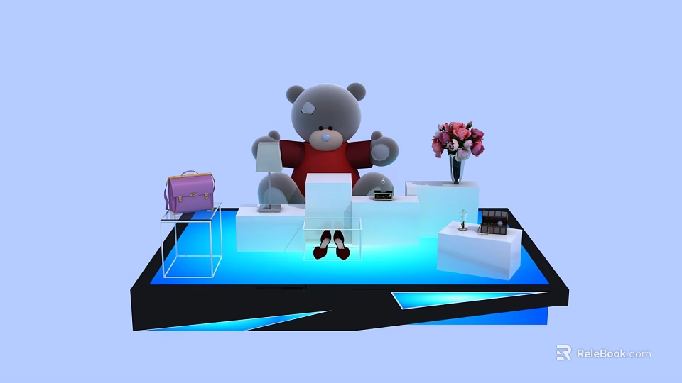 Stylish Display Shelf Featuring Gray Teddy Bear Red Outfit Purple Handbag Pink Flower Bouquet And Black Decor 3d model 