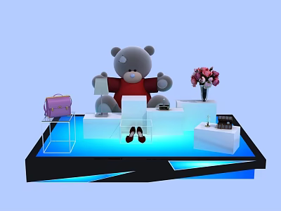 Stylish Display Shelf Featuring Gray Teddy Bear Red Outfit Purple Handbag Pink Flower Bouquet And Black Decor 3d model