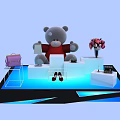 Stylish Display Shelf Featuring Gray Teddy Bear Red Outfit Purple Handbag Pink Flower Bouquet And Black Decor