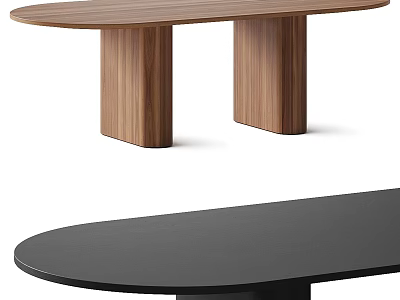 Oval Wooden Dining Table With Double Column Legs And Black Tabletop Design 3d model