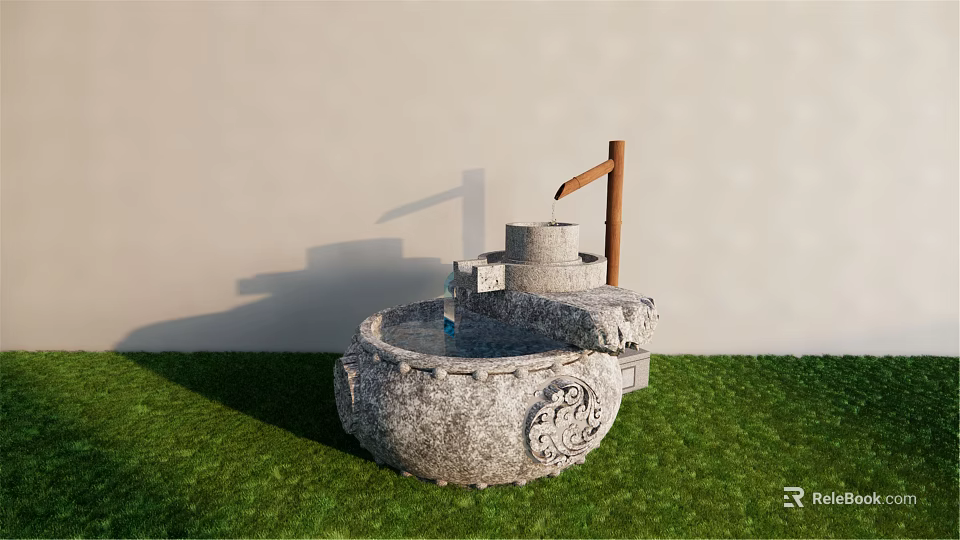 Decorative Stone Carved Garden Ornament With Basin And Wooden Lever On Green Grass 3d model 