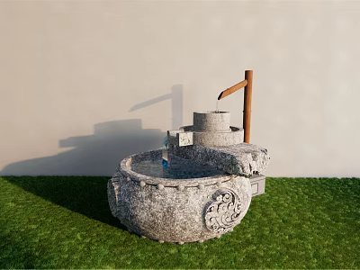 Decorative Stone Carved Garden Ornament With Basin And Wooden Lever On Green Grass 3d model