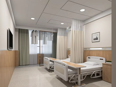 Clean Modern Hospital Ward Interior With Patient Beds TV Curtains Ceiling Lights And Wall Art 3d model
