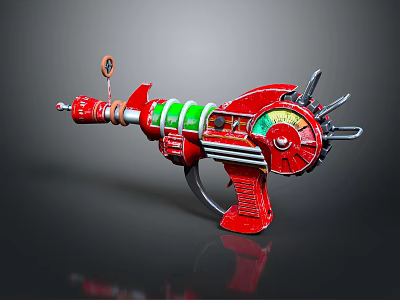 Red Sci Fi Futuristic Weapon With Green Components Gauge Spikes And Handle Design 3d model