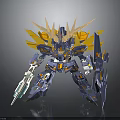 Armored Mech Character With Blue Yellow Armor Horns Shield Weapon And Wing Structures 3d model