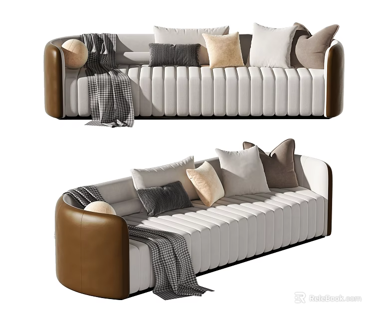 White Vertical Striped Sectional Sofa With Brown Armrests Decorative Pillows And Throw Blanket 3d model 