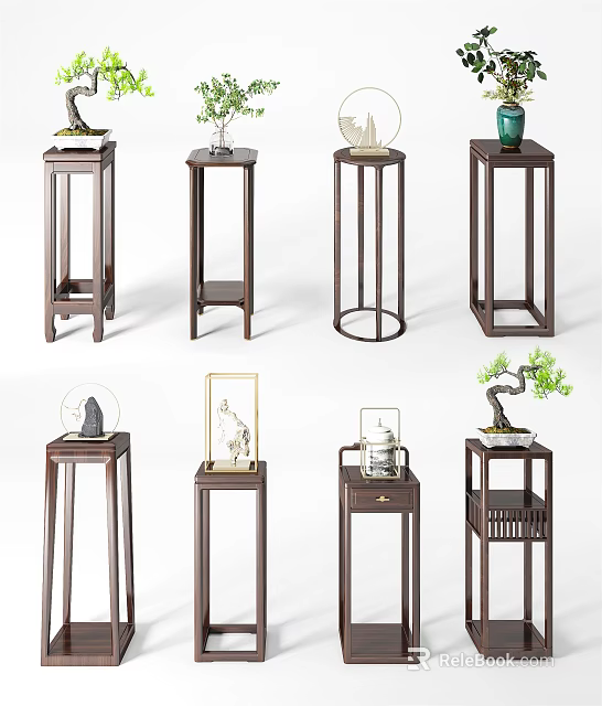 Traditional Wooden Flower Stands With Various Designs Holding Plants And Decorations 3d model 