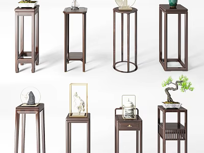 Traditional Wooden Flower Stands With Various Designs Holding Plants And Decorations 3d model