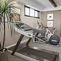Fitness Equipment Set Including Treadmill Elliptical Trainer and Stationary Bike in Modern Indoor Gym