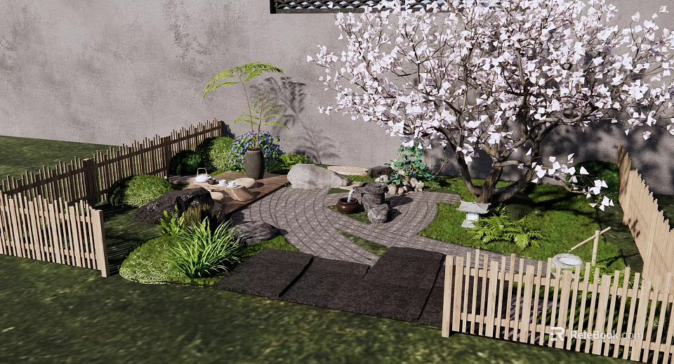 Serene Karesansui Garden with Cherry Blossom Tree Stone Pathway Wooden Fence and Tea Set 3d model 