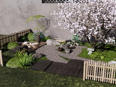Serene Karesansui Garden with Cherry Blossom Tree Stone Pathway Wooden Fence and Tea Set 3d model