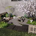 Serene Karesansui Garden with Cherry Blossom Tree Stone Pathway Wooden Fence and Tea Set