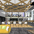 Modern Café Interior With Wooden Ceiling Beams Hanging Pendant Lights Yellow Sofa And White Chairs