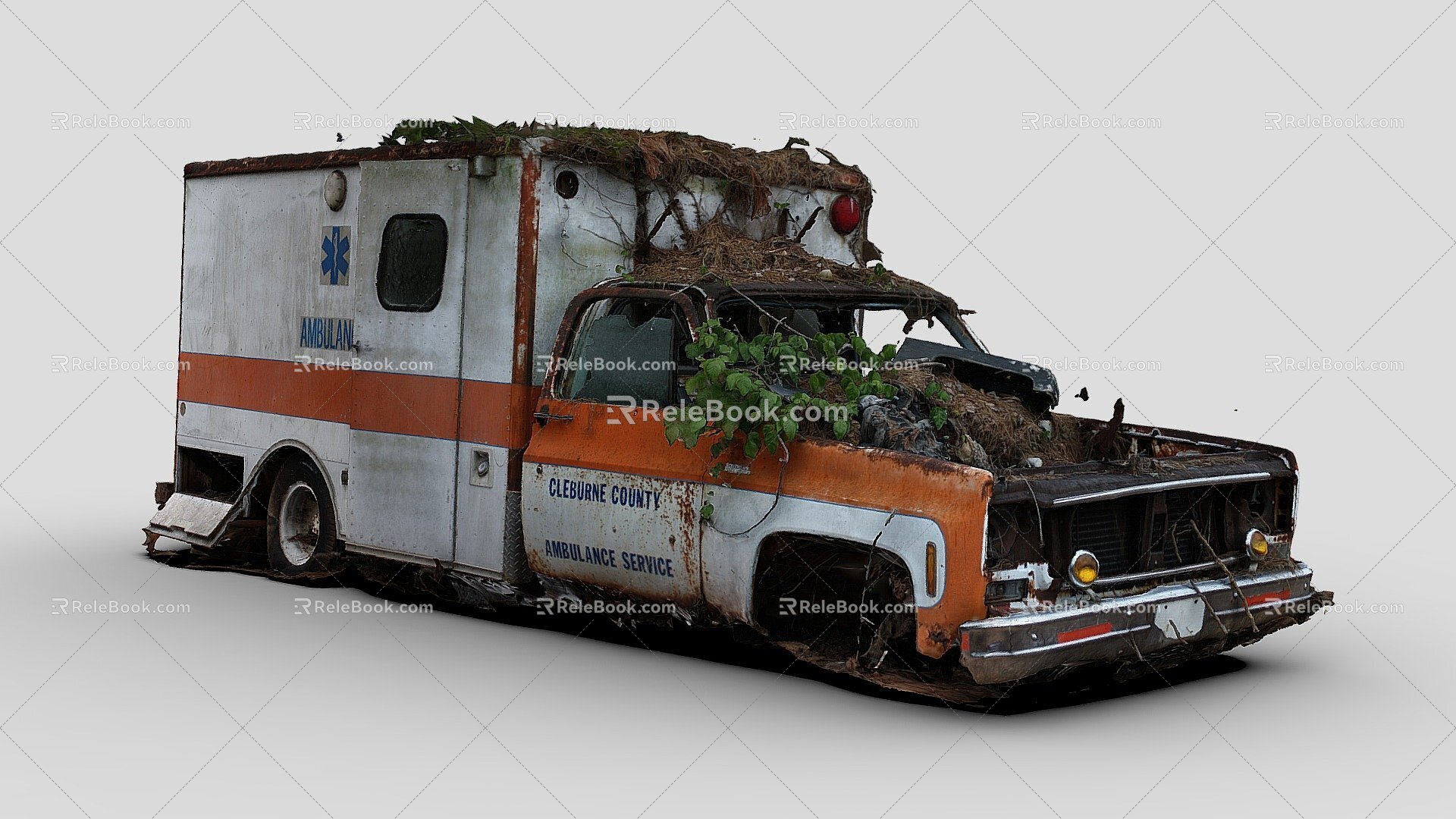 an ambulance overgrown with weeds 3d model