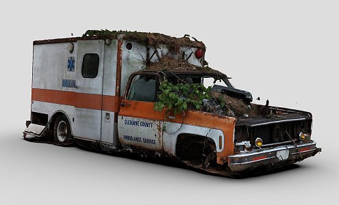 an ambulance overgrown with weeds 3d model