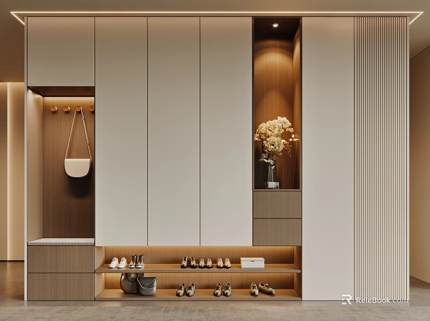 Elegant Modern Shoe Cabinet With Multiple Storage Shelves Hanging Hooks And Flower Vase 3d model 