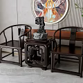 Chinese Style Dark Table and Chair Set With Small Table Round Painting and Green Plant