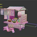 Pink Food Cart Stall With Bowls Dishes Flags And Stools For Street Food