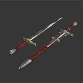 Two Ancient Decorative Swords With Red Hilts Metal Blades And Ornate Scabbards
