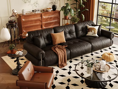 Black Leather Sofa And Coffee Table Set With Decorative Pillows Throw Blanket And Geometric Rug 3d model