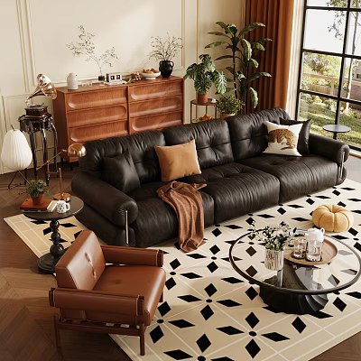Black Leather Sofa And Coffee Table Set With Decorative Pillows Throw Blanket And Geometric Rug 3d model