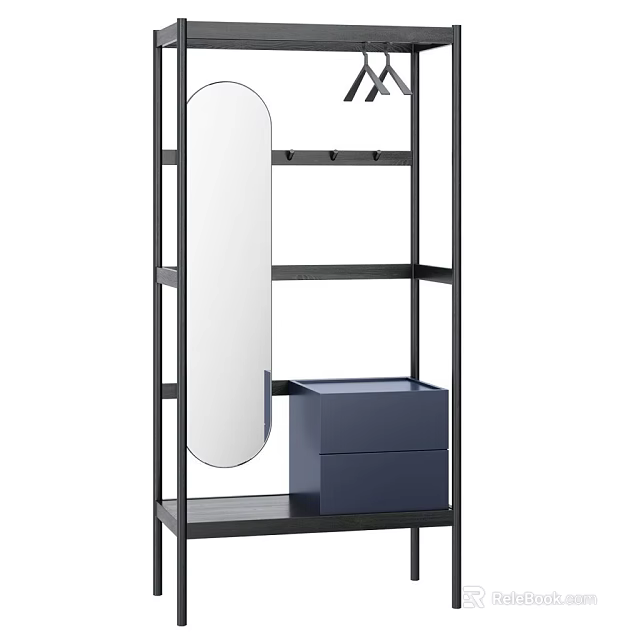 Modern Black Metal Storage Shelf Unit With Oval Mirror And Blue Drawers 3d model 