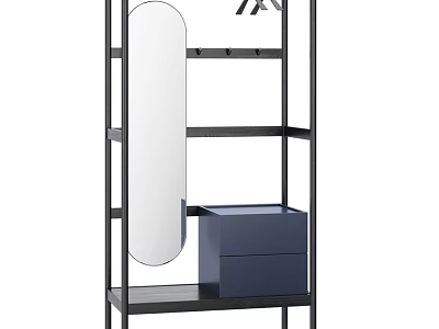 Modern Black Metal Storage Shelf Unit With Oval Mirror And Blue Drawers 3d model