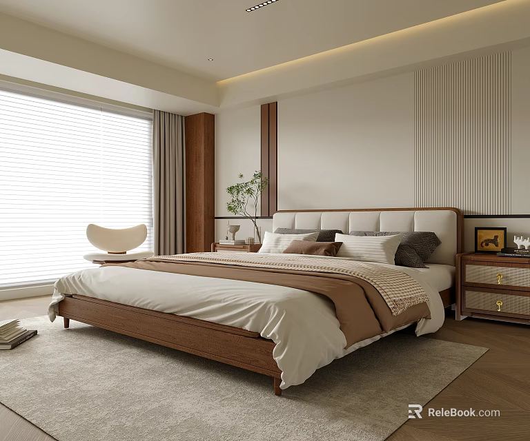 Modern Bedroom Interior With Wooden Bed Frame Nightstand Plant Neutral Bedding And Window Blinds 3d model 