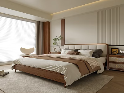 Modern Bedroom Interior With Wooden Bed Frame Nightstand Plant Neutral Bedding And Window Blinds 3d model