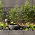 Bamboo Plants In Modern Garden Landscape With Stone Basin Flowing Water And Green Ferns