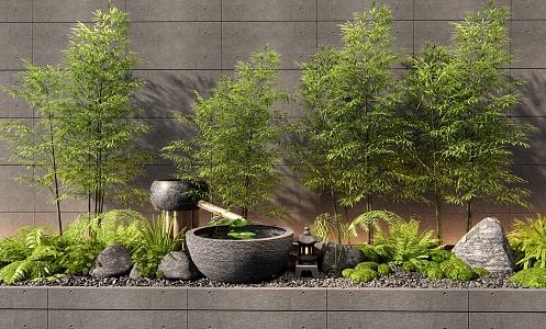 New Chinese Style Bamboo Courtyard Landscape Sick Plant Landscape Landscaping Water Pot Moss Fern Plant Landscape 3d model