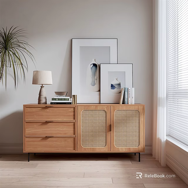 Wooden Sideboard with Rattan Doors Drawers Topped with Lamp Photo Frames Books Near Window Blinds 3d model 