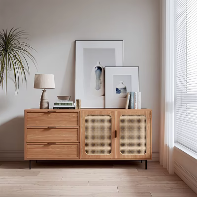 Wooden Sideboard with Rattan Doors Drawers Topped with Lamp Photo Frames Books Near Window Blinds 3d model